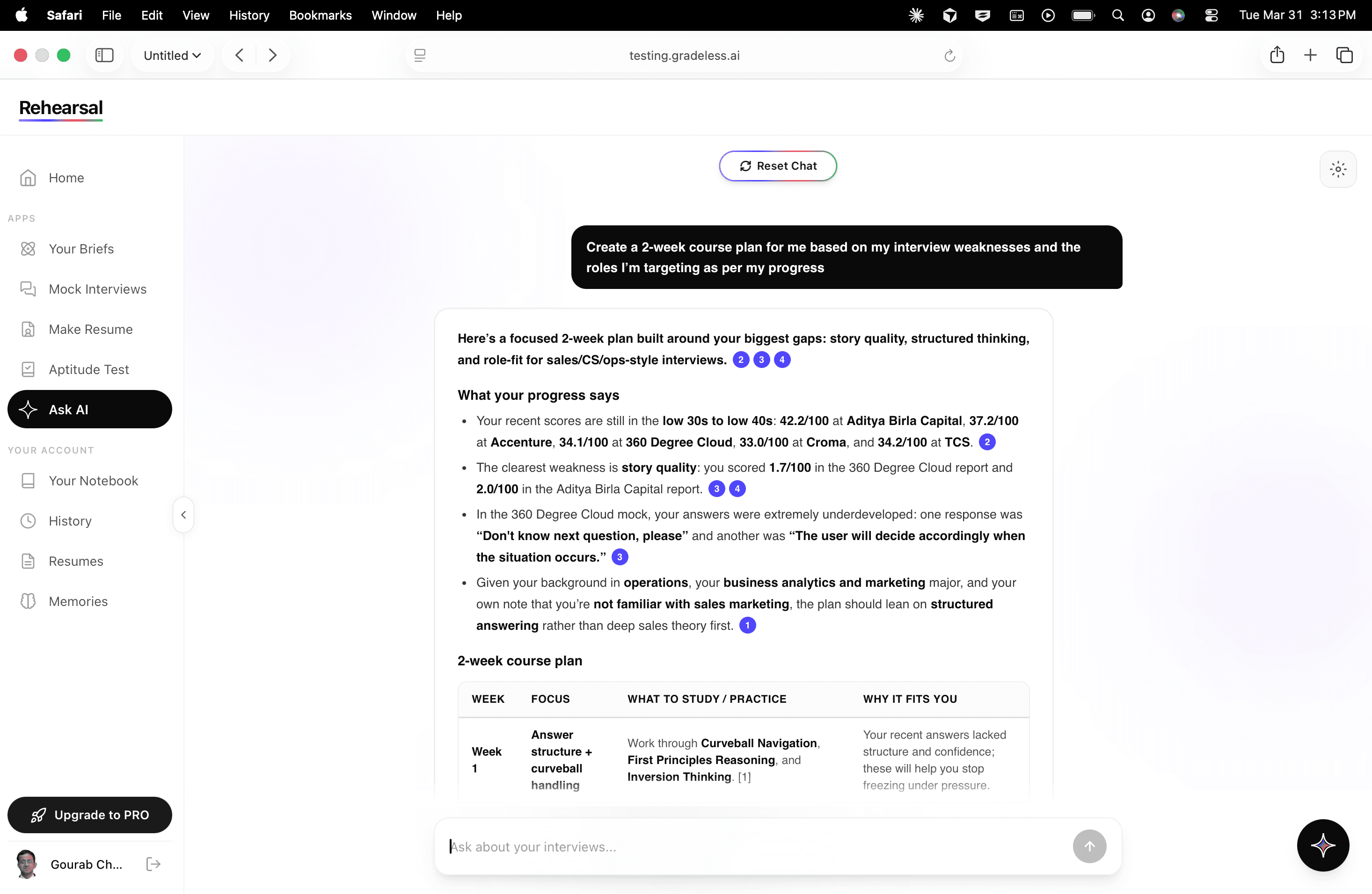 AI-generated course plan — desktop view