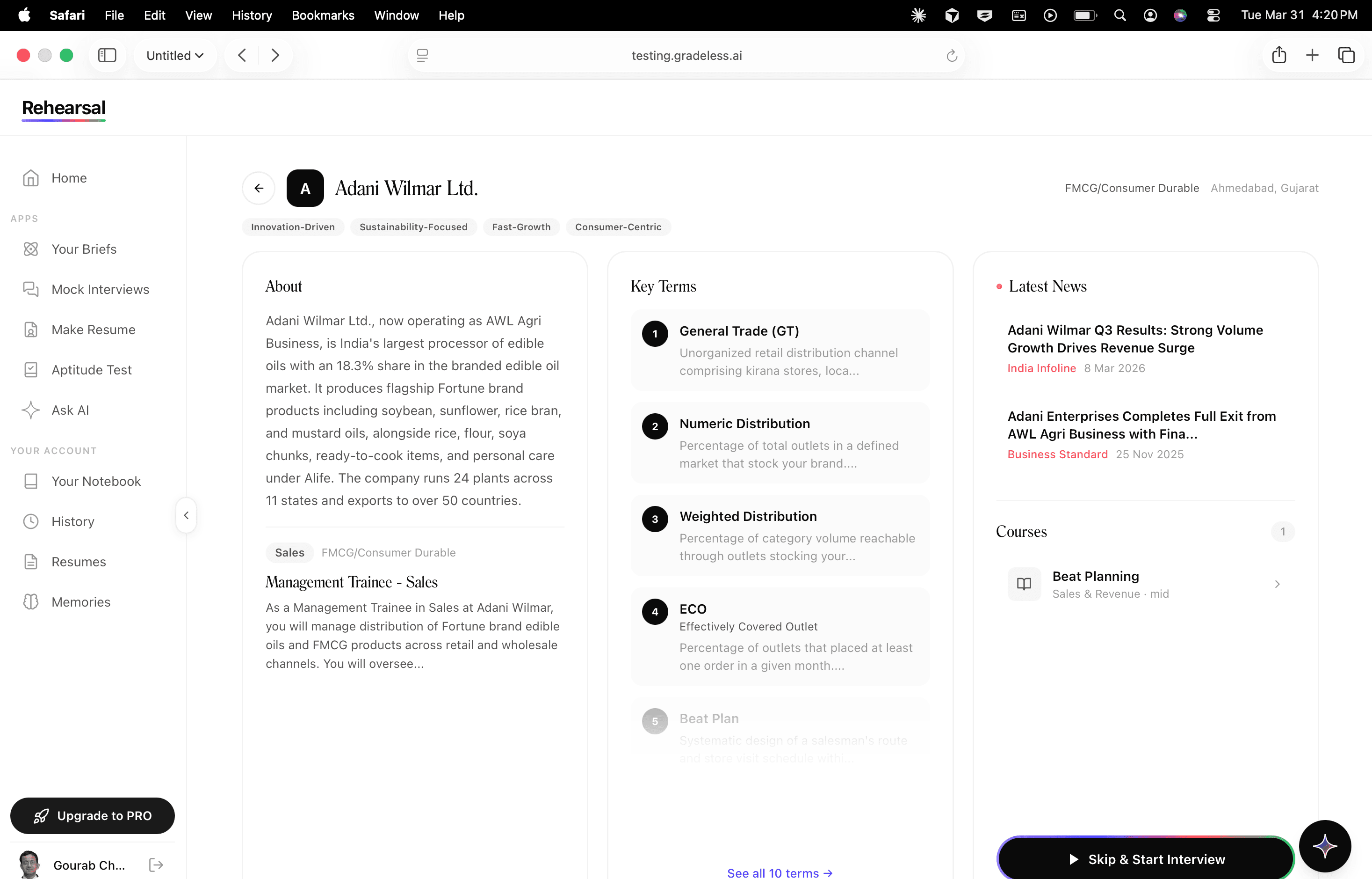 Company interview detail — desktop view