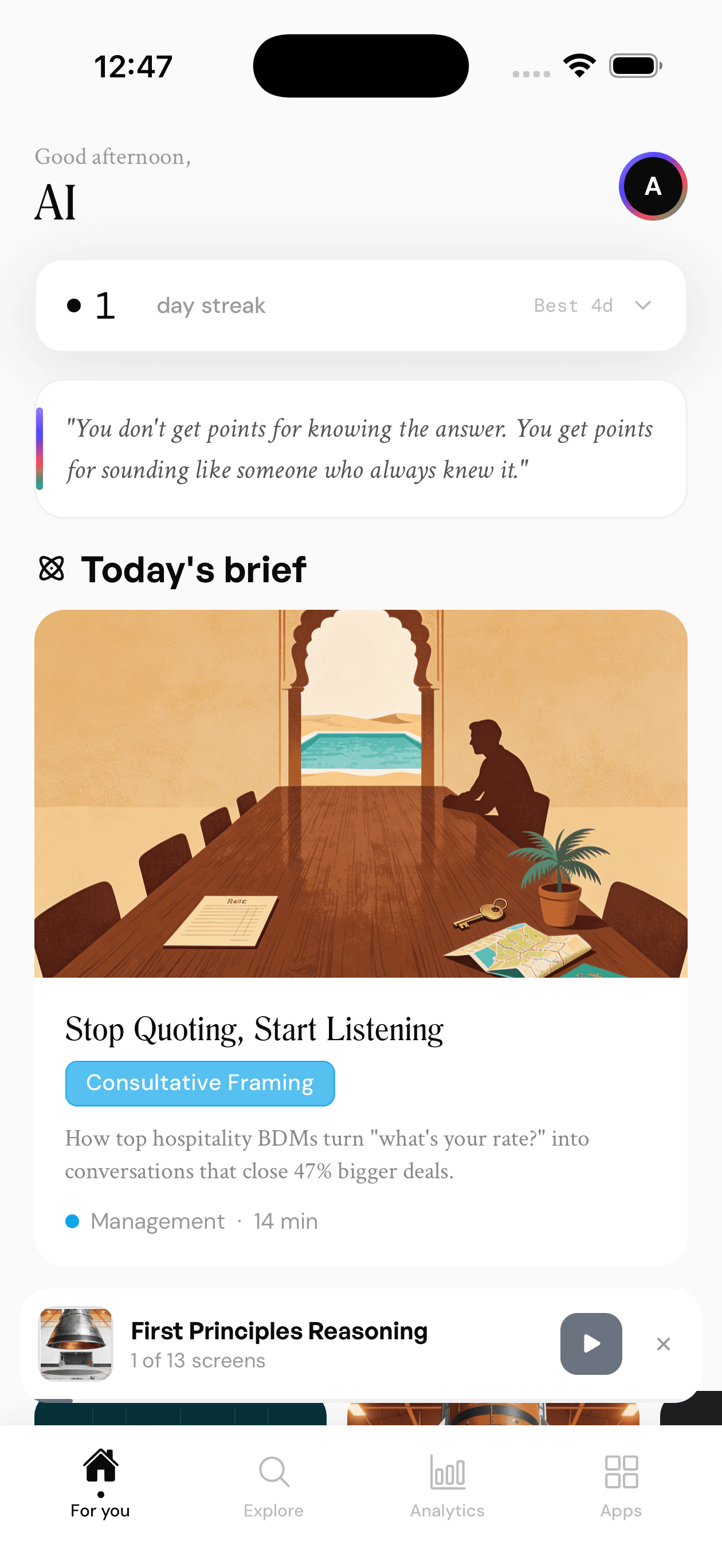 Rehearsal app home screen — Concept Sprint feed